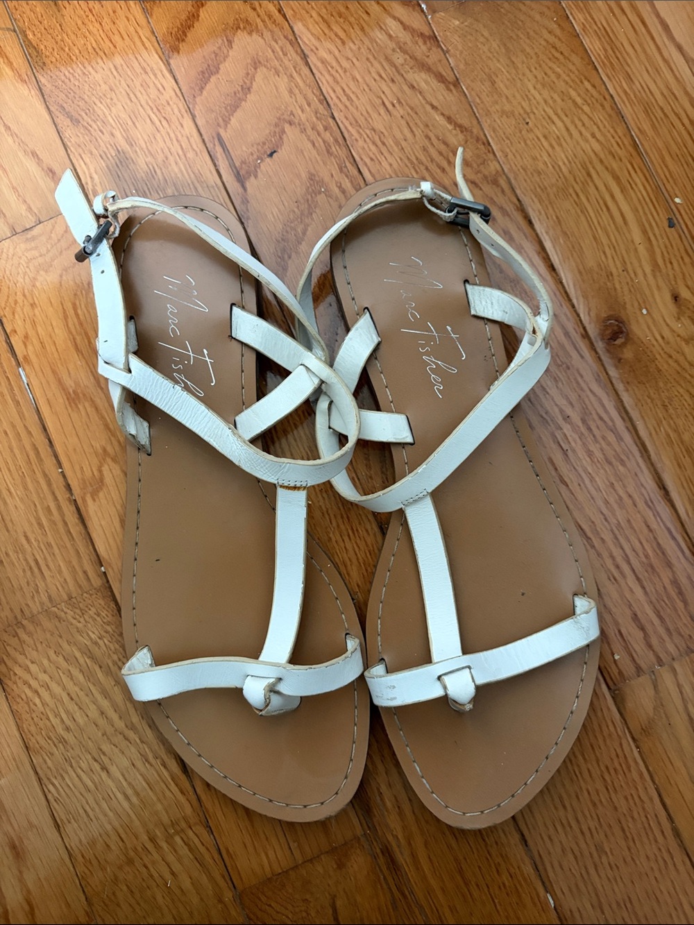 Marc Fisher White Leather T-Strap Flat Sandals